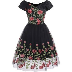 🌸 NWT Off Shoulder Retro Pinup Vintage 1950s Mesh Floral Embroidered Dress XL